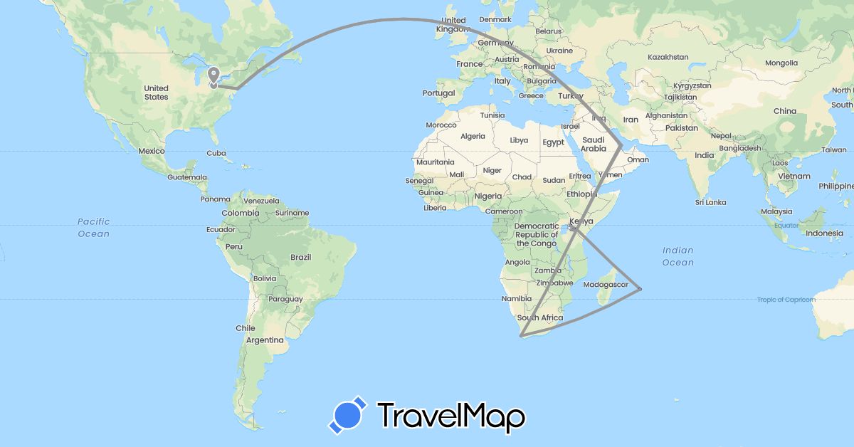 TravelMap itinerary: driving, plane in Kenya, Mauritius, Qatar, United States, South Africa (Africa, Asia, North America)