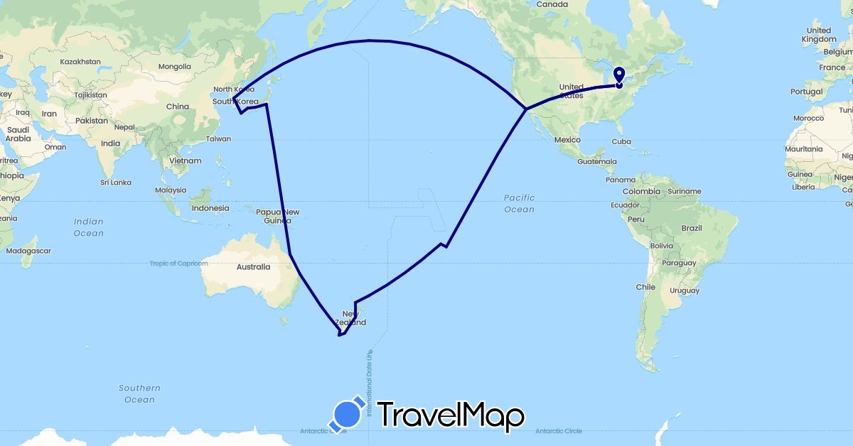 TravelMap itinerary: driving in Australia, France, Japan, South Korea, New Zealand, United States (Asia, Europe, North America, Oceania)