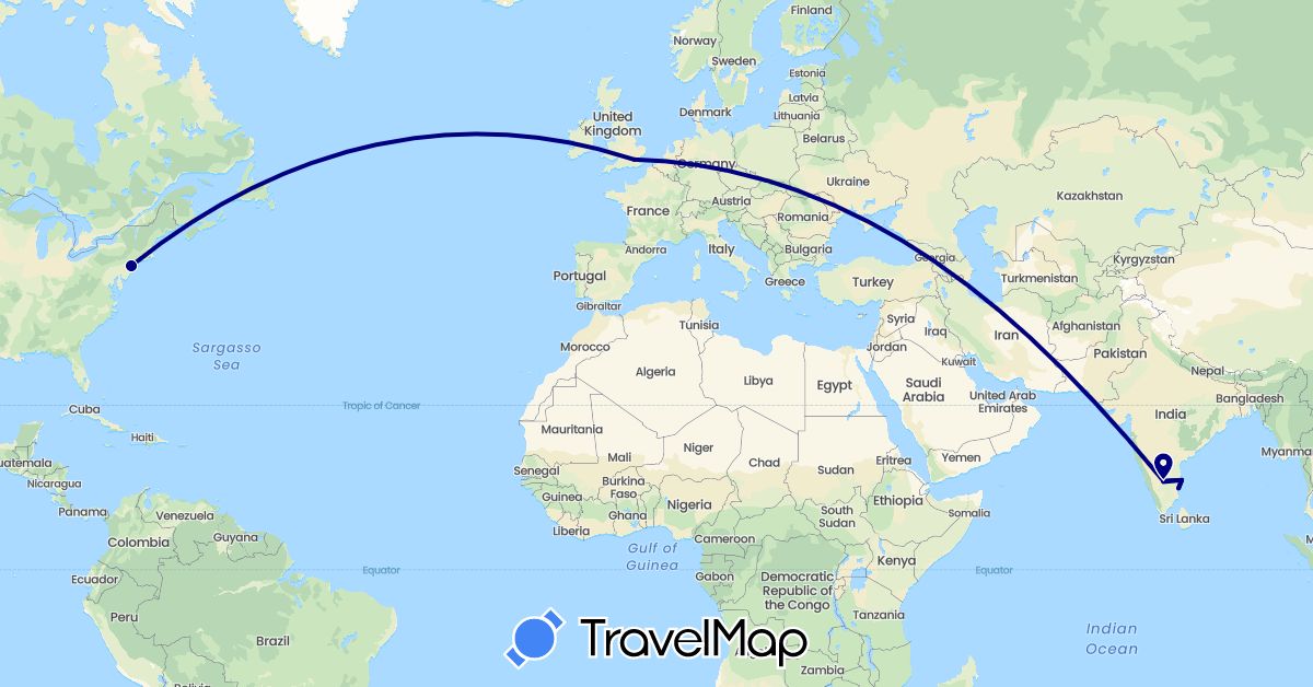 TravelMap itinerary: driving in United Kingdom, India, United States (Asia, Europe, North America)